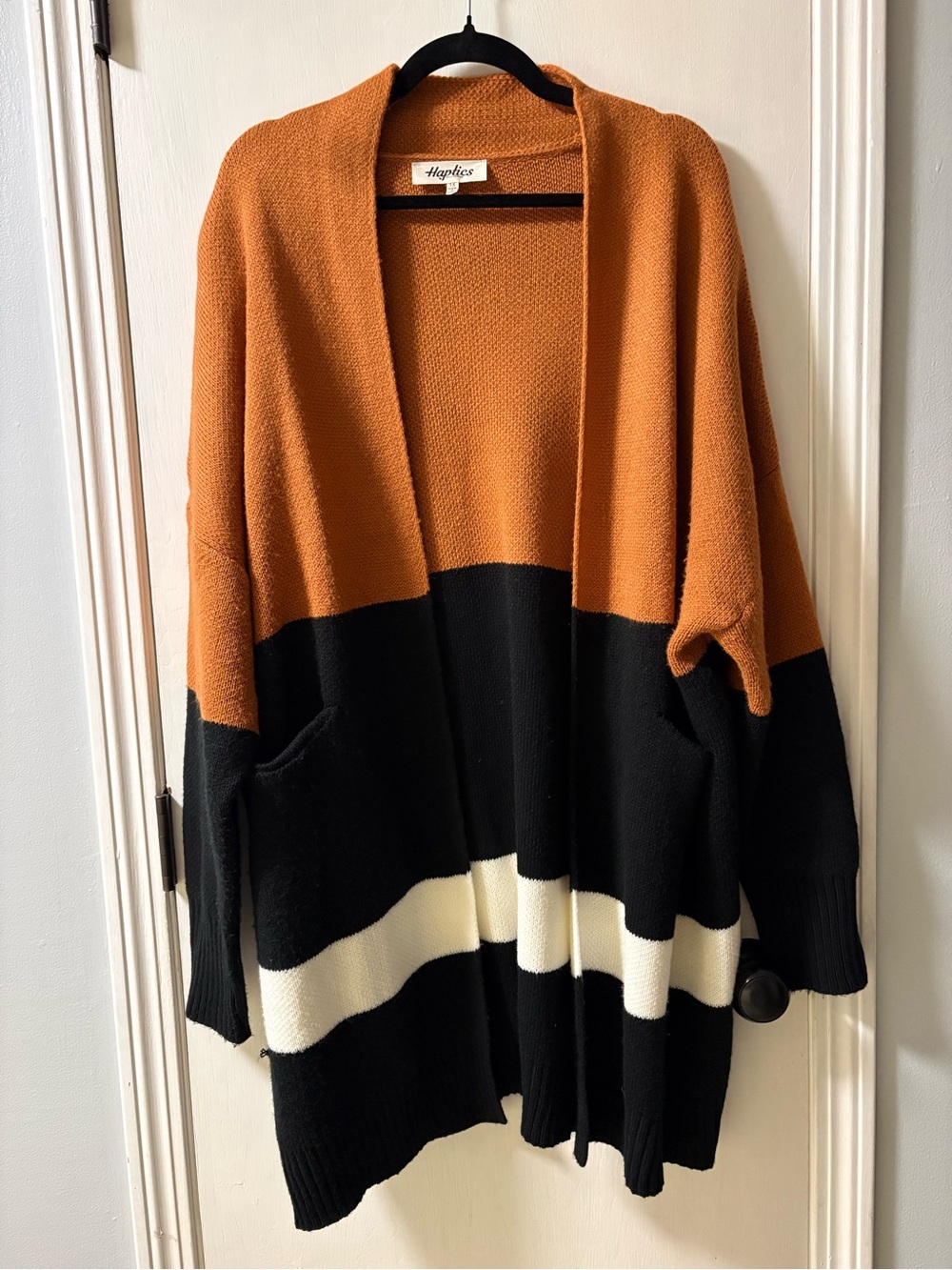 Haylee Colorblock Open-Front Cardigan Sweater - Rust, Black & Cream